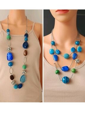Lot Of 2 Multicolor Plastic Beads Rhinestone Beaded Necklace Blue Green Chunky